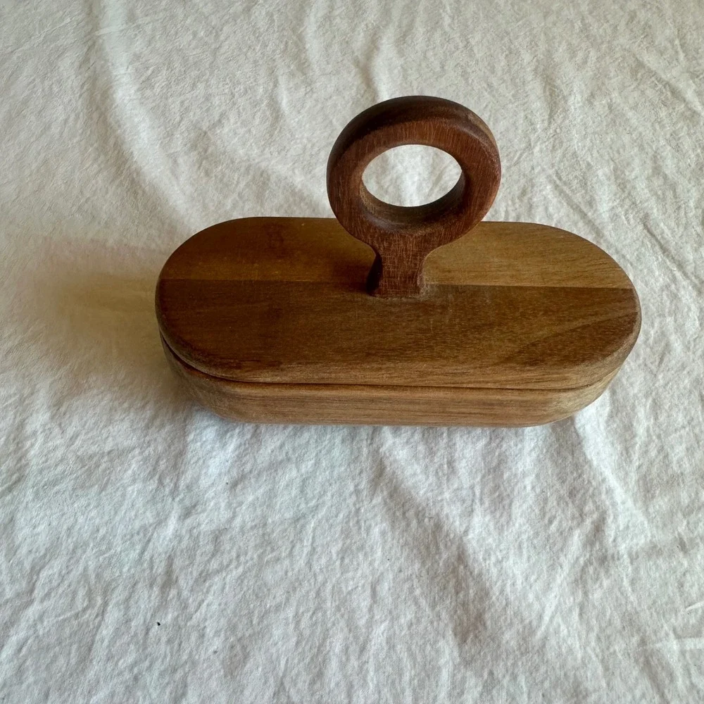 Bloomingville Acacia Wood Divided Container Dish Serving Storage Ring Handle Lid